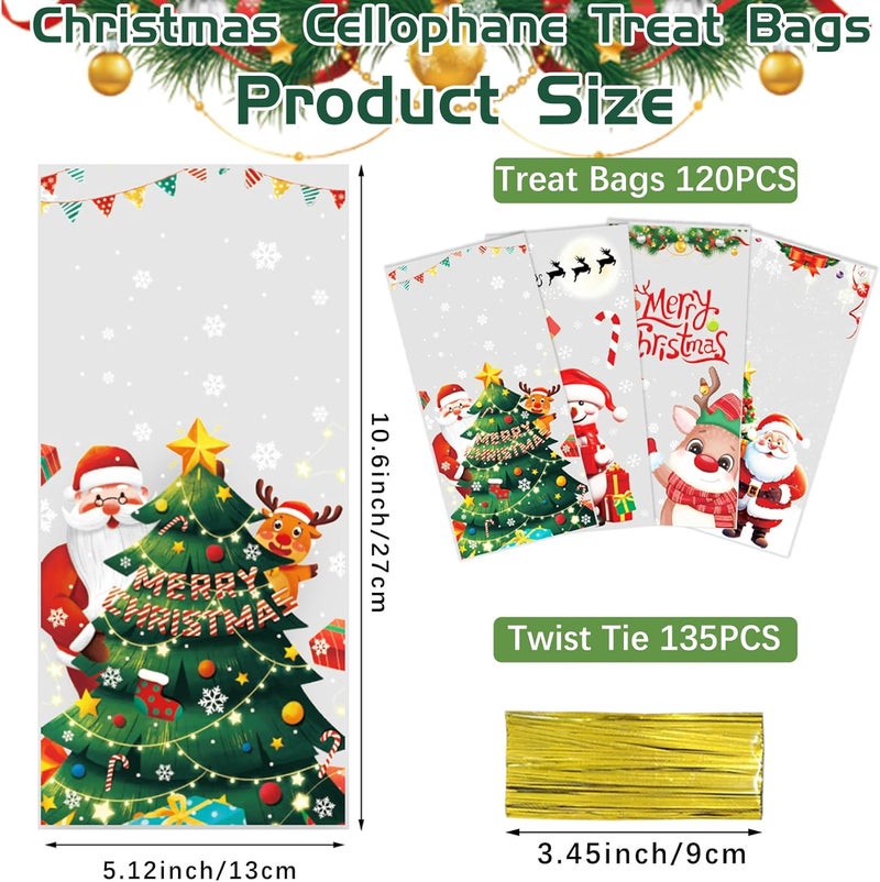 QOIUSO 120 Pcs Christmas Treat Bags with 135 Gold Twist Ties – 4 Styles Clear Cellophane Holiday Gift Bags for Candy, Cookies, Goodies & Party Favors - Image 2